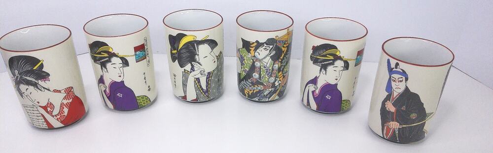 Vintage Japanese Kabuki & Geisha Yunomi Tea Cup Set of 6 Porcelain Tumblers